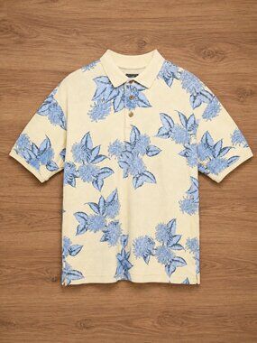 Caribbean Pale Yellow Blue Floral Polo Short Sleeve Shirt - L